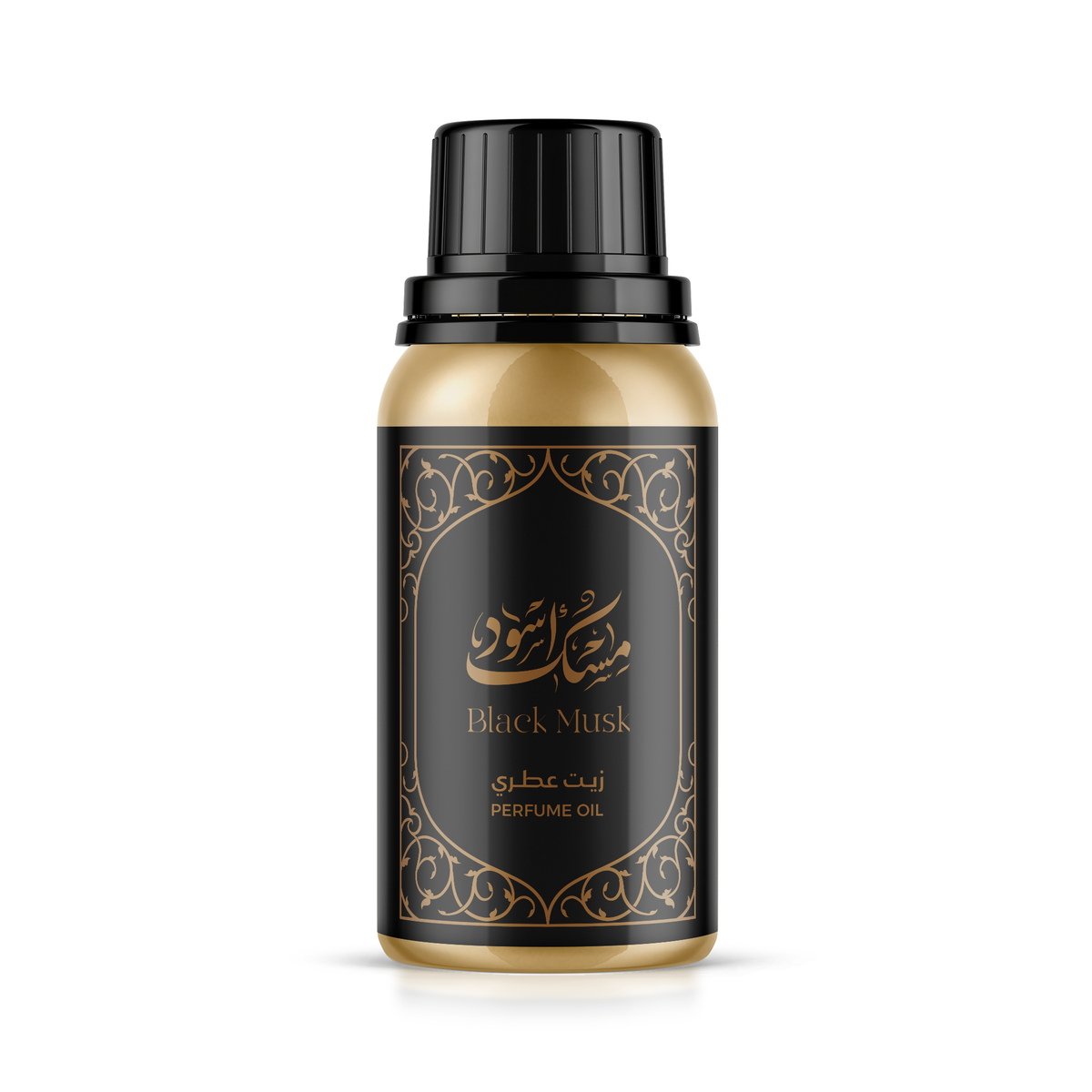 Black Musk Perfume Oil gold bottle with black cap and ornate black label, shown alone
