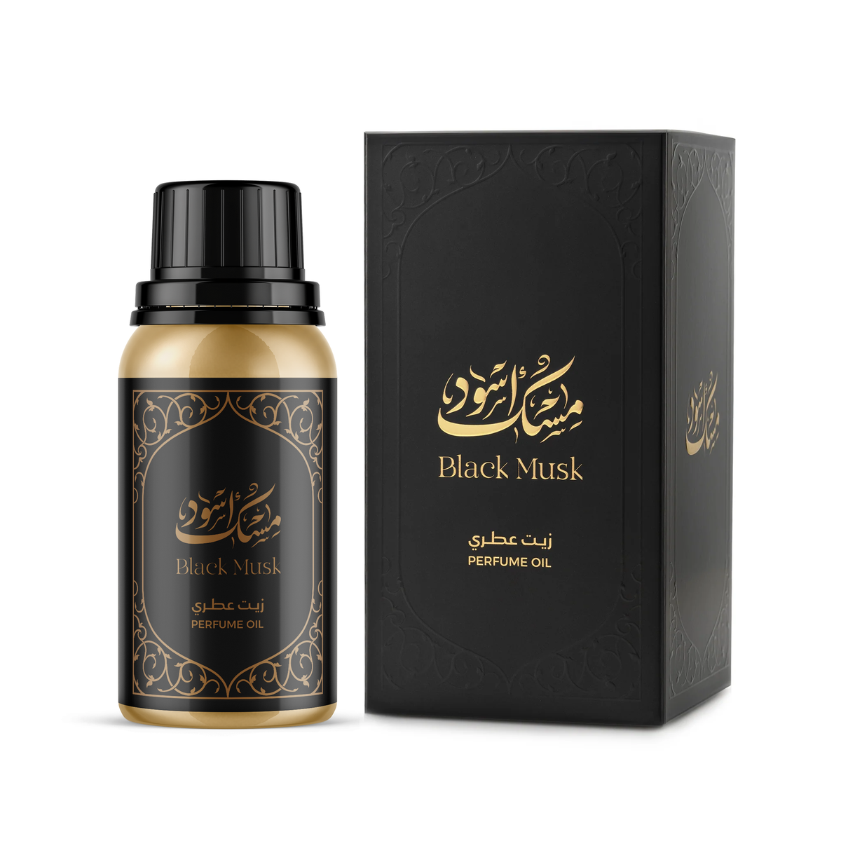 زيت عطري مسك أسود 100 جرام بعبوة ذهبية وغطاء أسود بجانب علبته السوداء على خلفية بيضاء