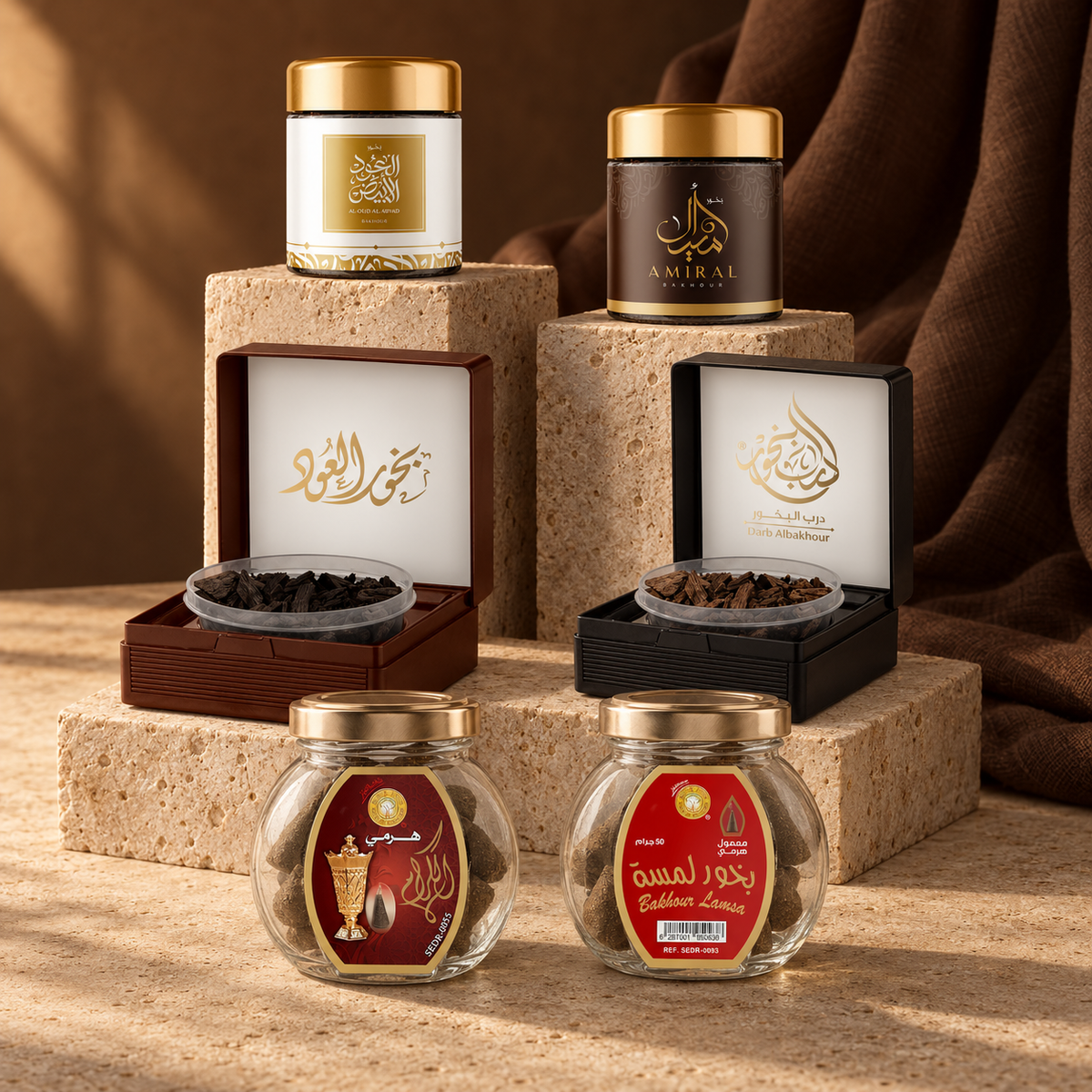 باقة الجود: بخور العود الأبيض وبخور أميرال، وعود معطر بخور العود ودرب البخور، ومعمول هرمي الكرام وبخور لمسة