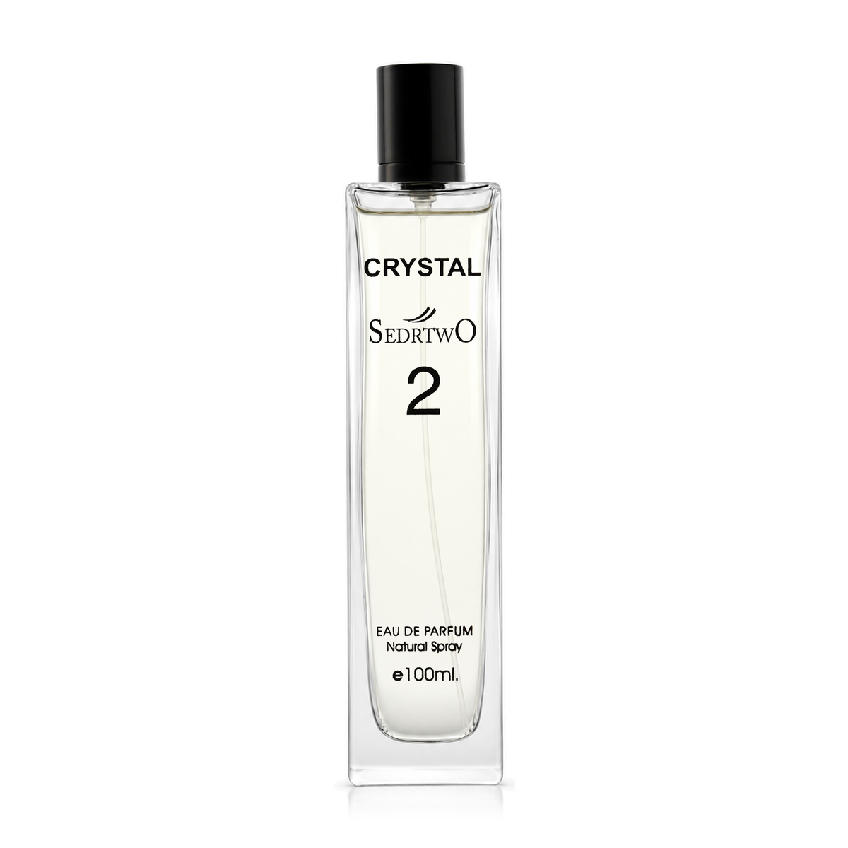 Crystal Perfume 100 ml clear bottle with black cap alone on a white background