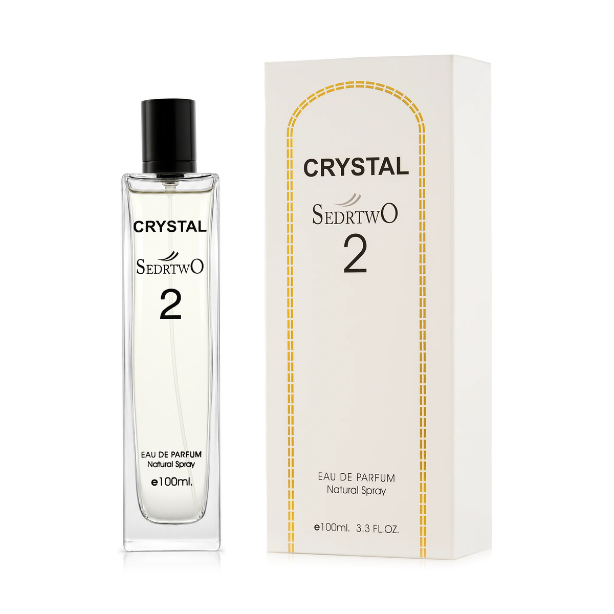 Crystal Perfume 100 ml, clear rectangular bottle with black cap beside its white box on a white background