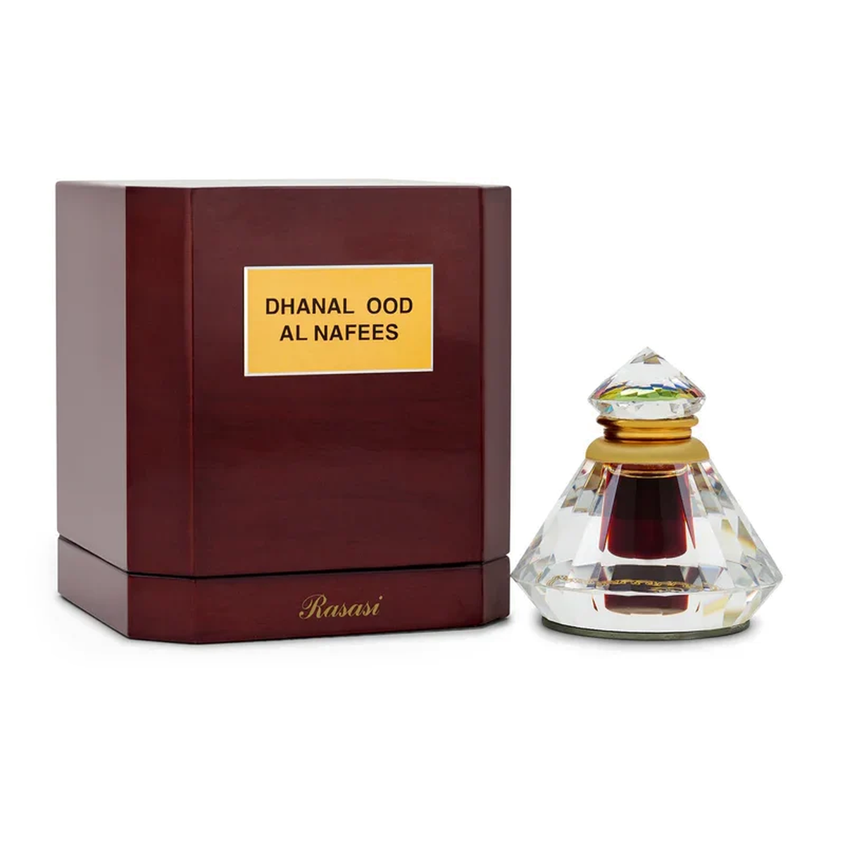 Dehn Oud Al-Nafees 6 ml: a crystal bottle beside its dark red wooden box with a gold label