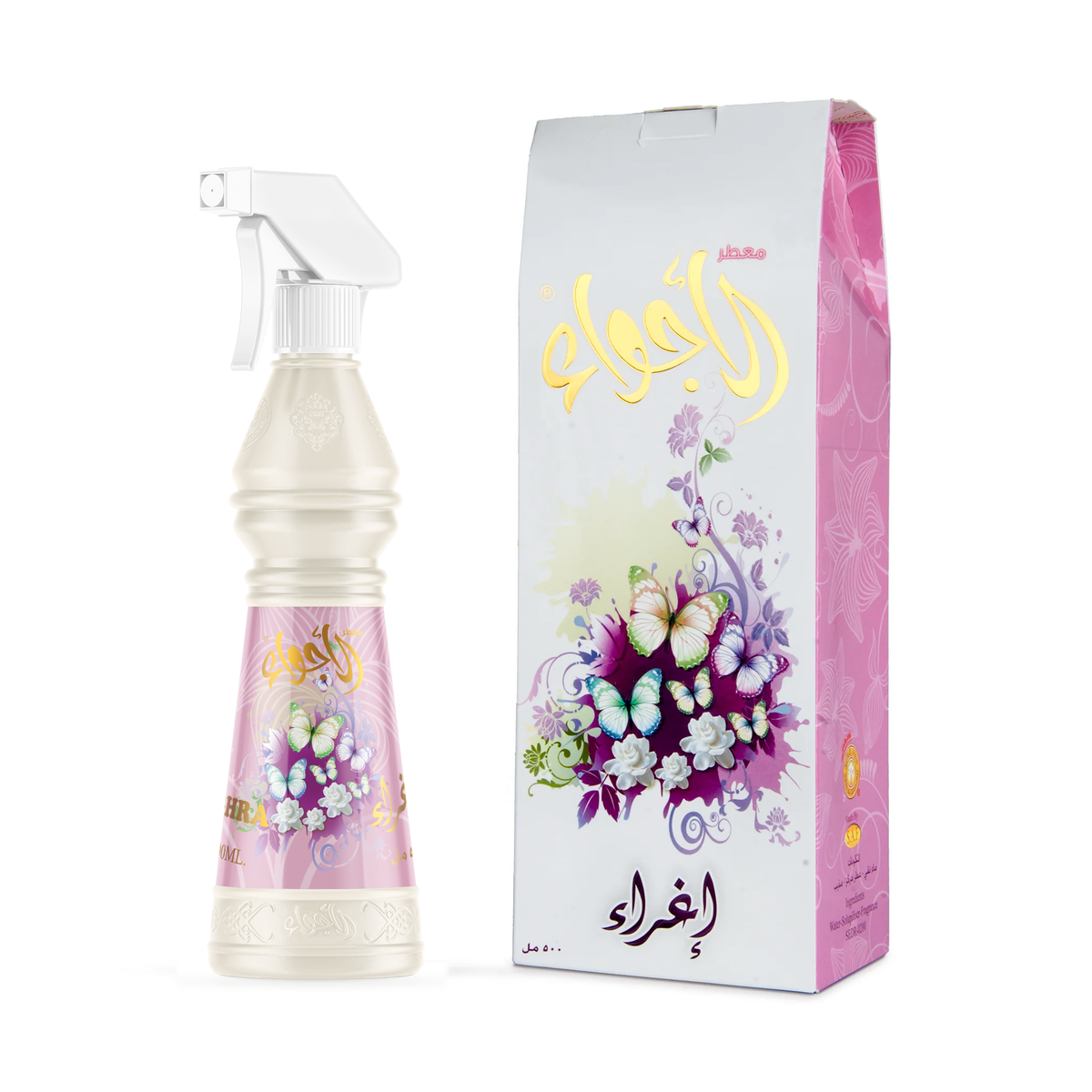 معطر الأجواء إغراء 500 مل بعبوة كريمية وملصق وردي وبخاخ أبيض بجانب علبته المزينة بالزهور والفراشات