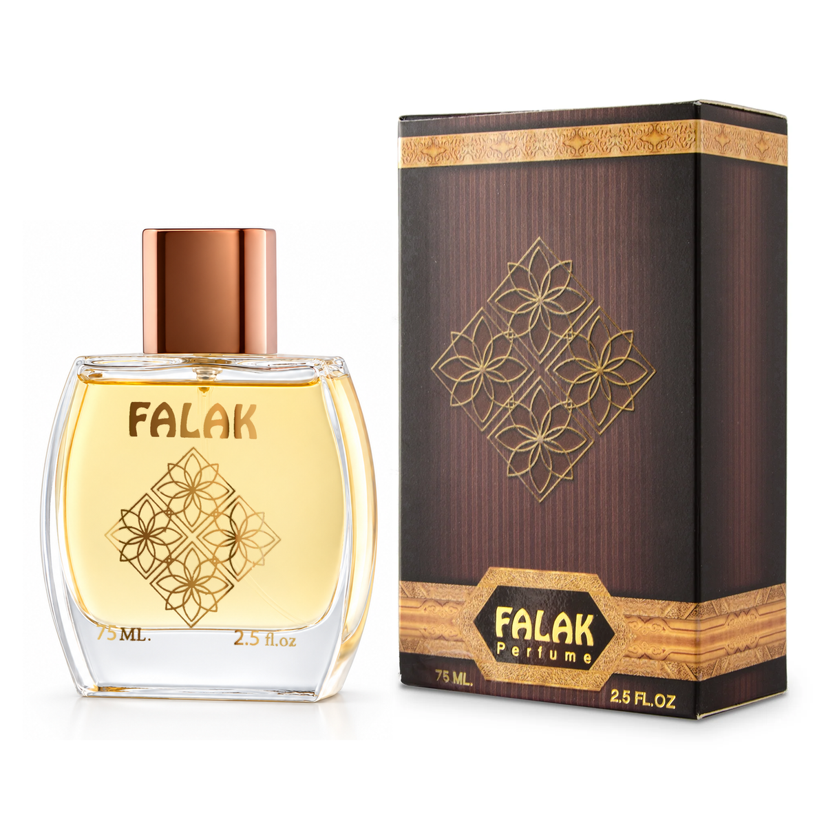 عطر فلك 75 مل بزجاجته الشفافة بجانب علبته البنية على خلفية بيضاء