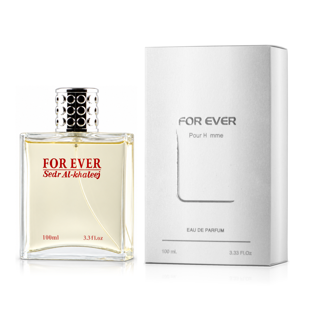 For Ever Men's Perfume 100 ml beside its silver box on a white background
