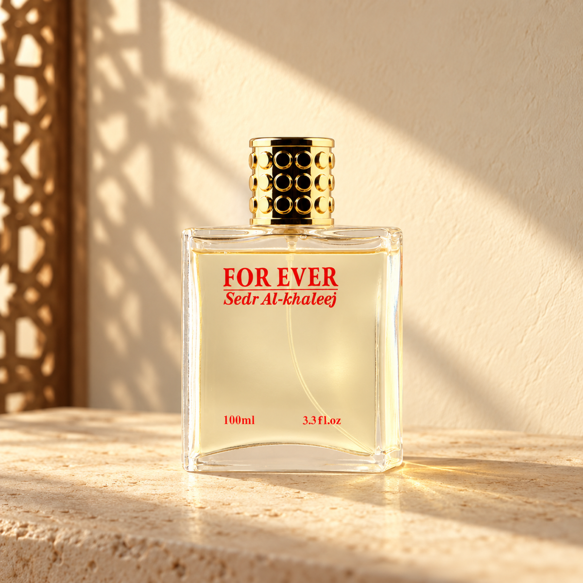 For Ever glass perfume bottle with a gold cap on cream stone against an ivory plaster wall, lit by angled sunlight with a wooden screen shadow on the left.