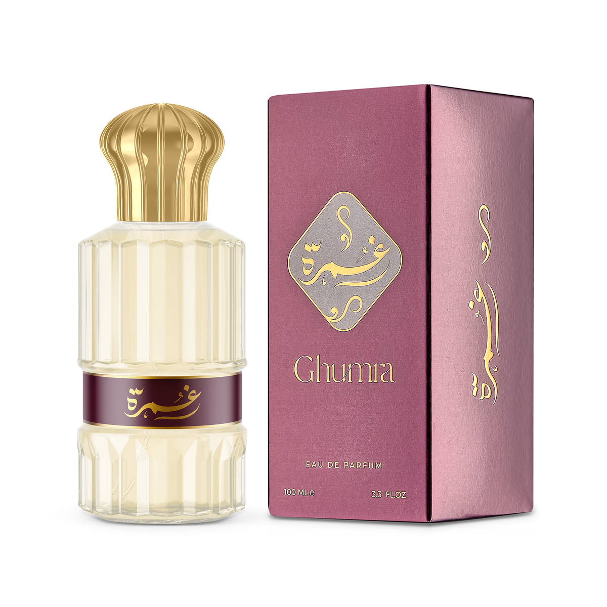 Ghumra 100 ml perfume bottle beside its box