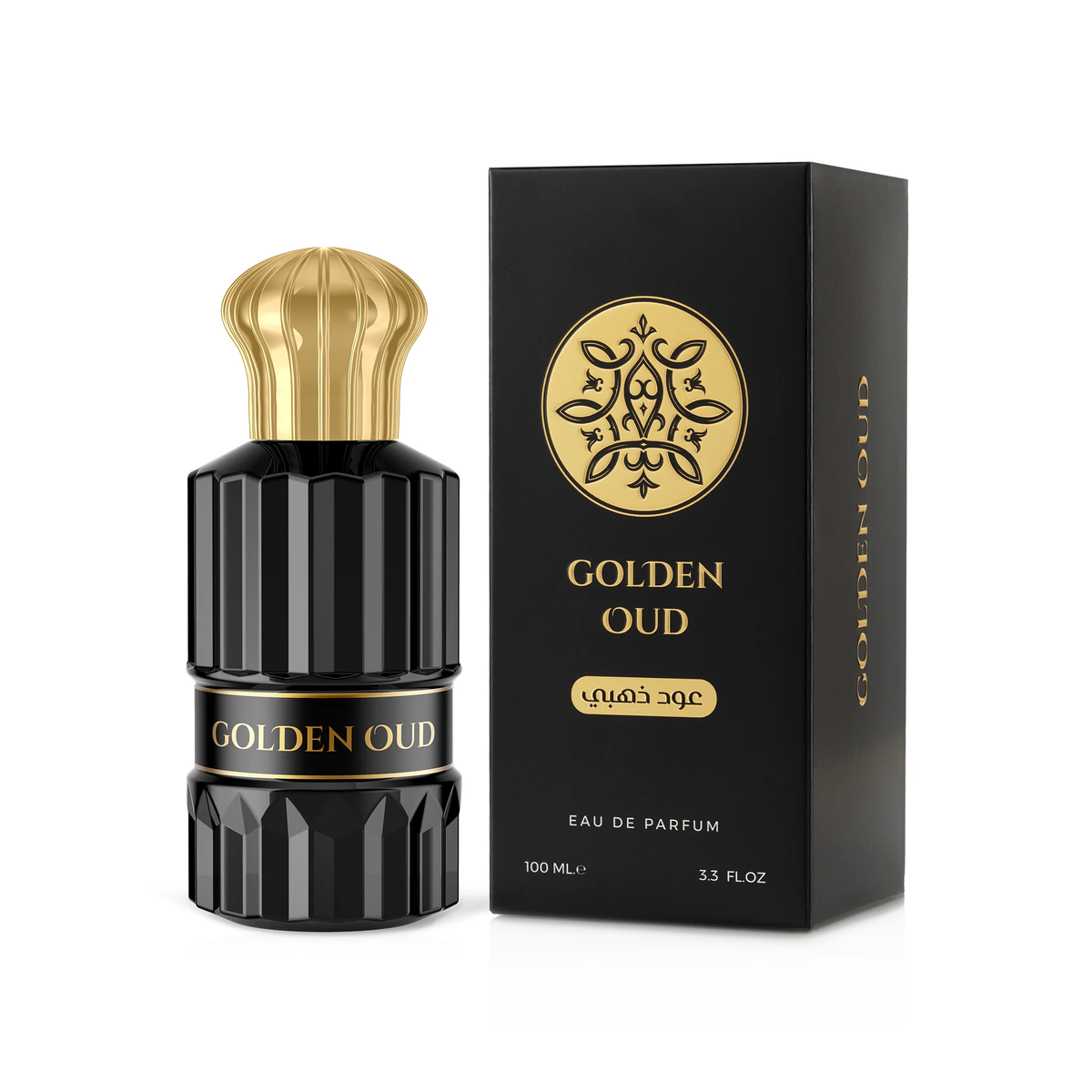 زجاجة عطر عود ذهبي 100 مل بجانب علبتها