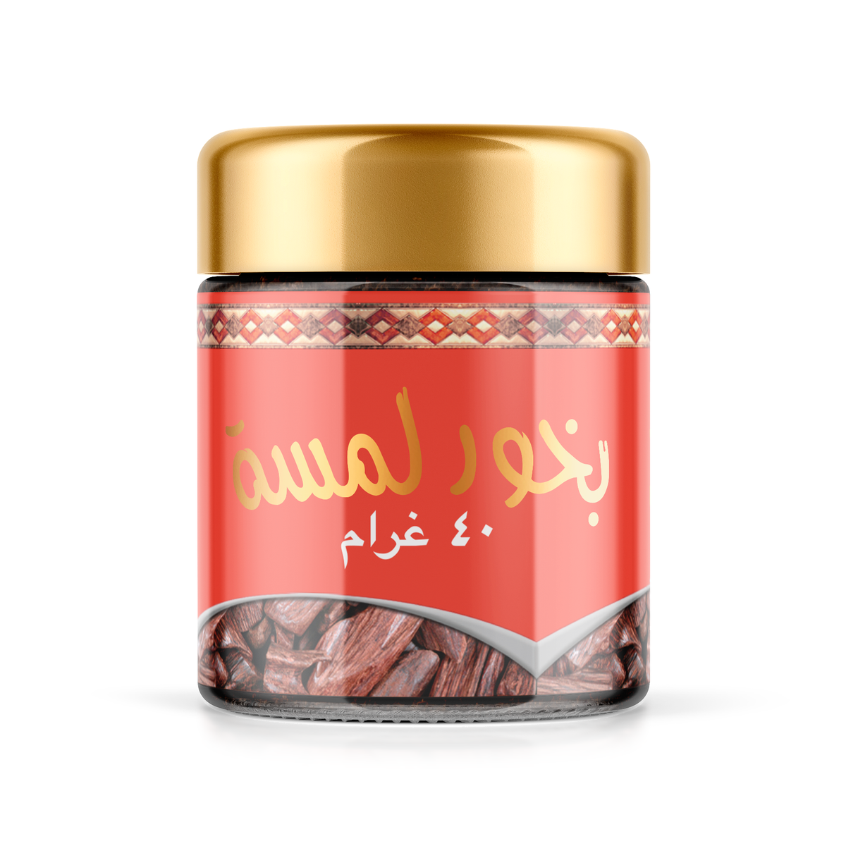 Lamsa Bakhoor 40 g glass jar with a red label and gold lid on a white background