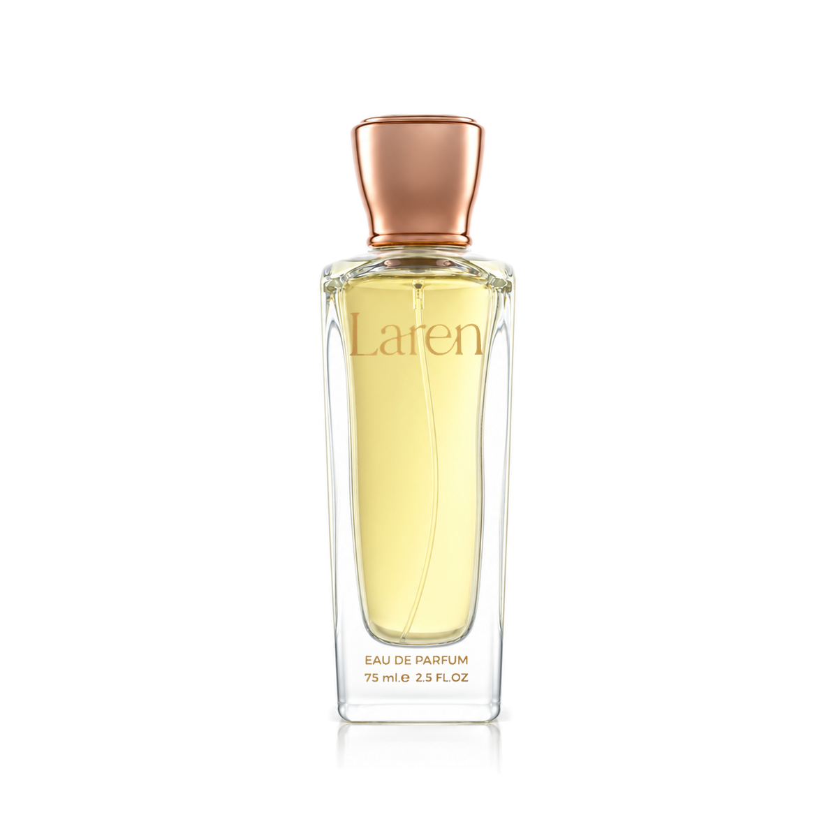 Laren Perfume 75 ml bottle with copper cap alone on a white background