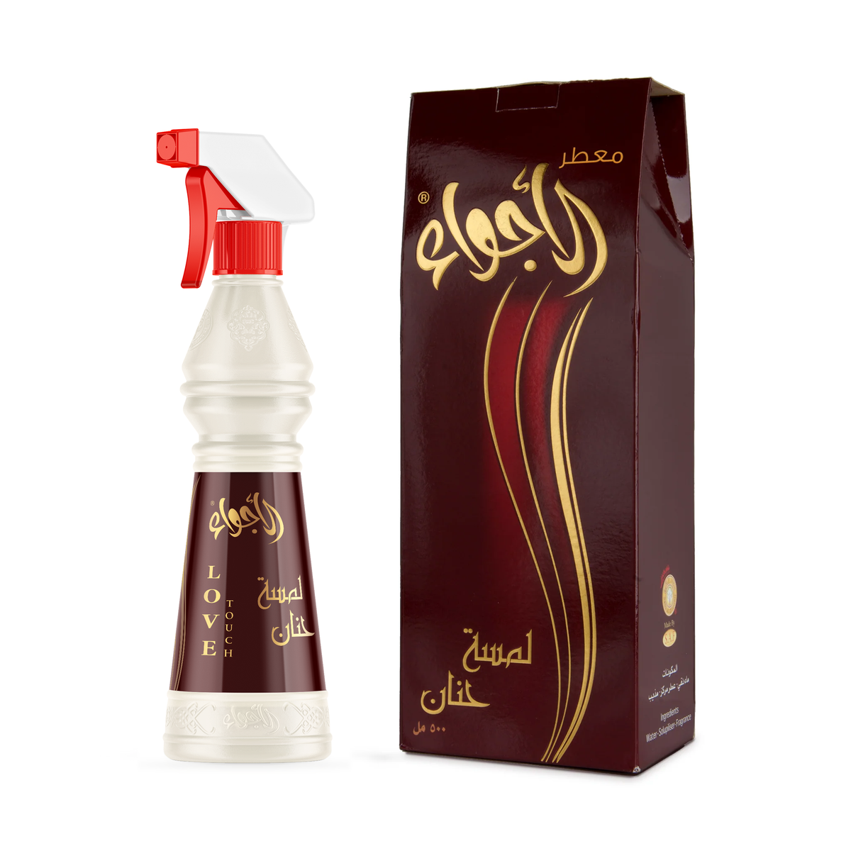 معطر الأجواء لمسة حنان 500 مل بعبوة بيج وبخاخ أحمر بجانب علبته العنابية على خلفية بيضاء