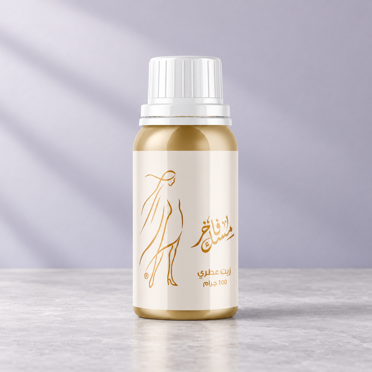 Sedr Al-Khaleej musk fakher white; one closed original bottle on light-grey porcelain before a soft lavender ivory, dove grey backdrop.