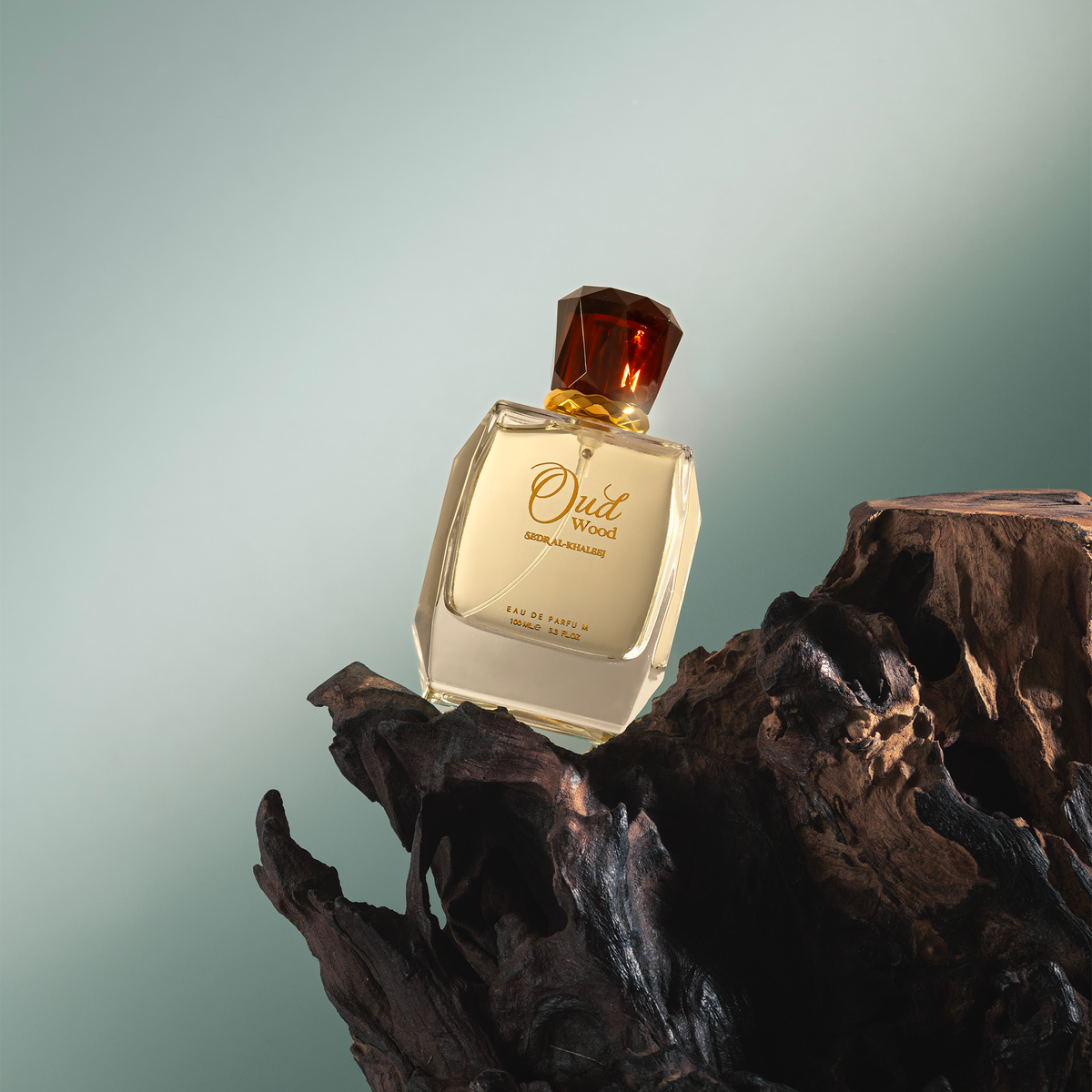 Oud Wood Perfume 100 ml tilted on a dark piece of wood against a grey-green backdrop