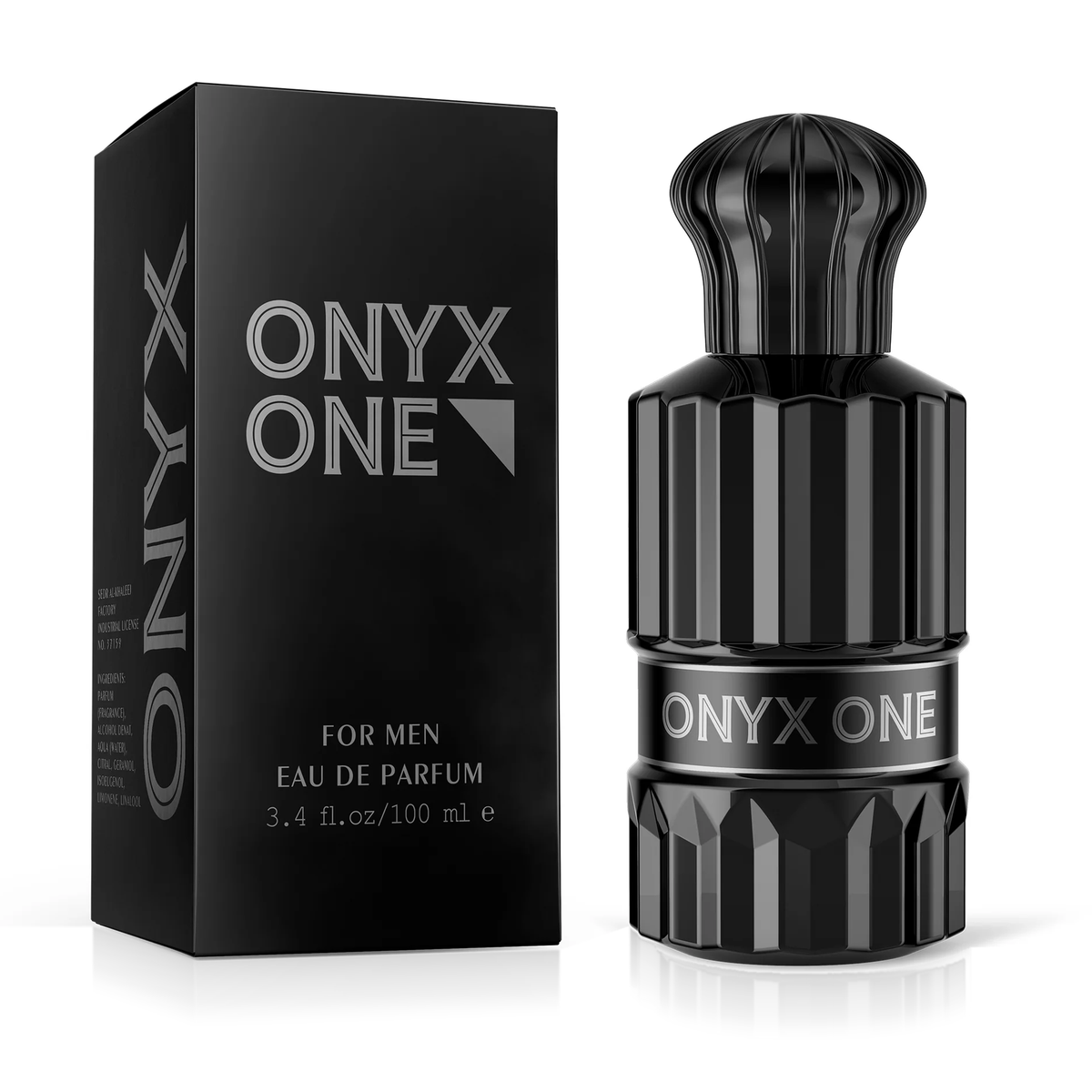 Onyx One perfume 100 ml from Passion Bundle, ribbed black bottle beside its black box on a white background