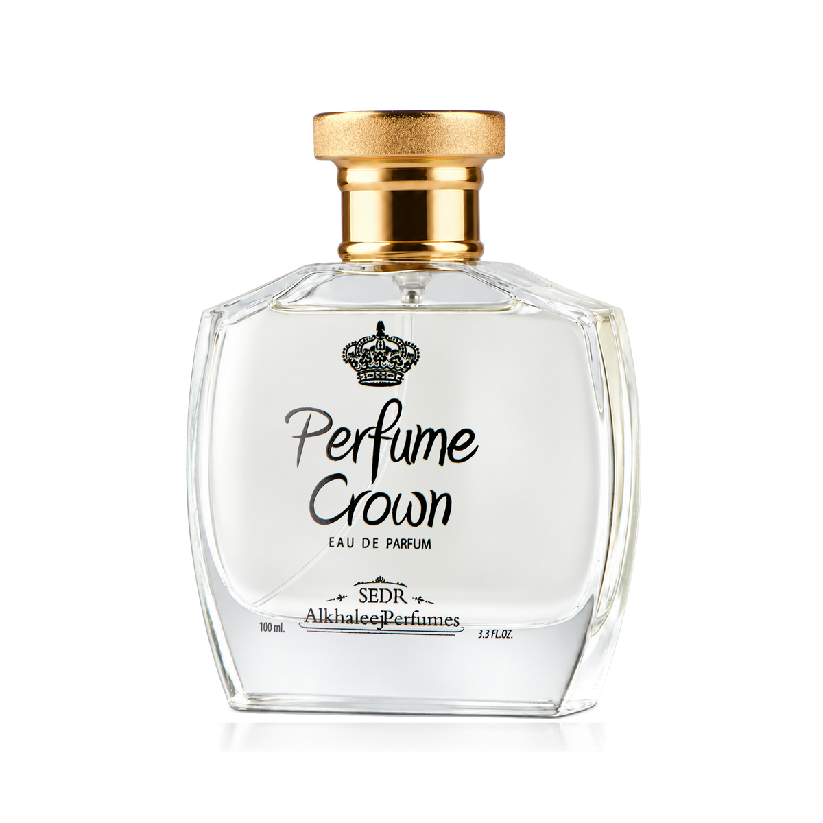 Perfume Crown 100 ml: a clear bottle with a gold cap and a black crown motif on a white background