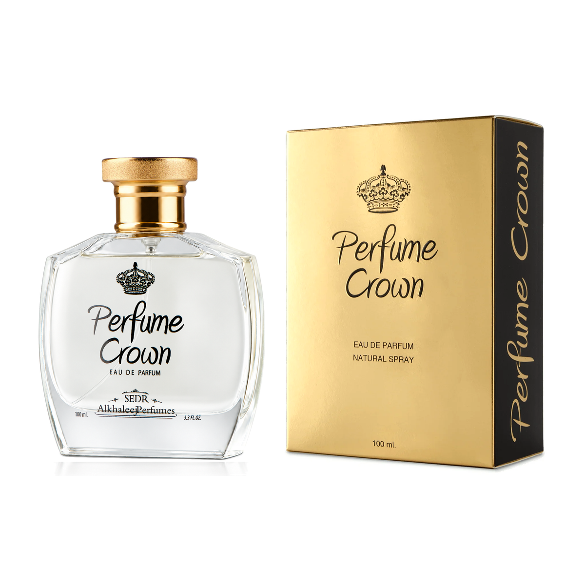Perfume Crown 100 ml in a clear bottle with a gold cap beside its gold and black box on a white background