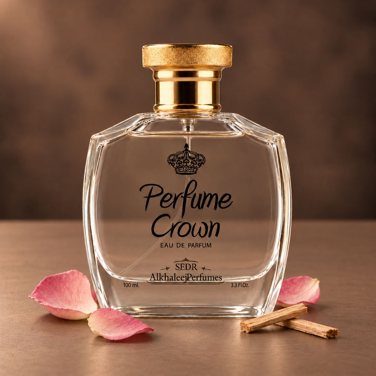 عبوة عطر بيرفيوم كراون 100 مل مع بتلات الورد وقطع الصندل بحجم طبيعي