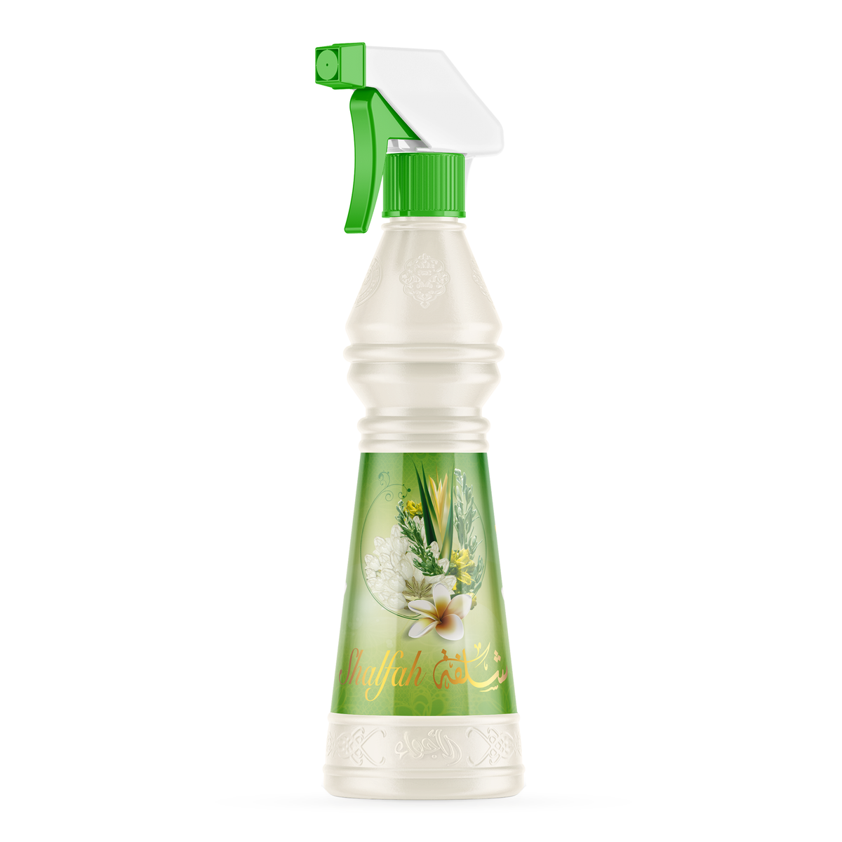 Shalfah Air Freshener 500 ml bottle with a green floral label and green sprayer alone on a white background
