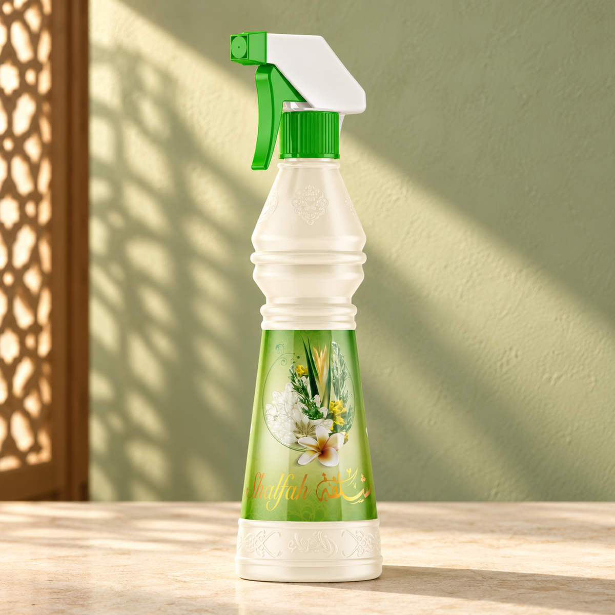 Shalfah Air Freshener 500 ml from Sedr Al-Khaleej; spray bottle with a green trigger on cream stone against a soft green sunlit wall.