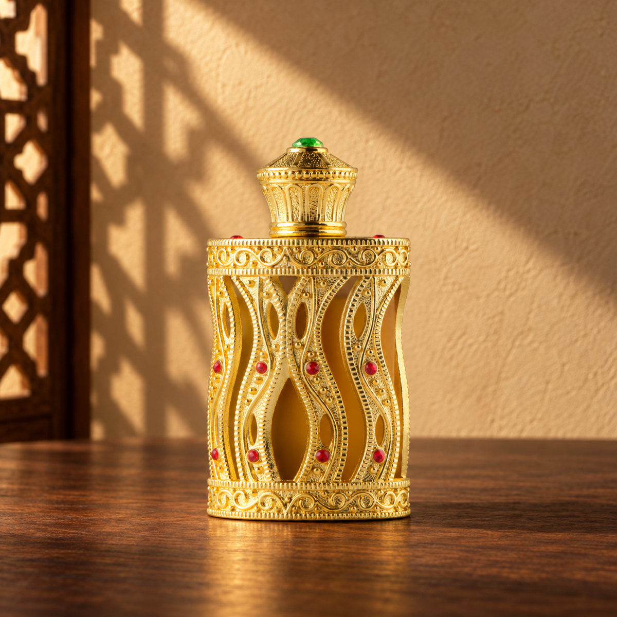 Gold Shaqraa perfume bottle with flowing ornament and red stones on walnut wood against a sand-coloured wall in angled sunlight.