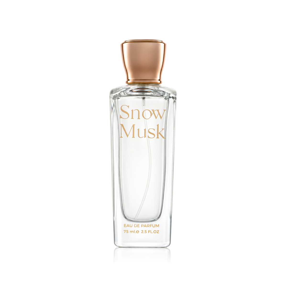 Snow Musk Eau de Parfum 75 ml clear bottle with copper cap alone on a white background