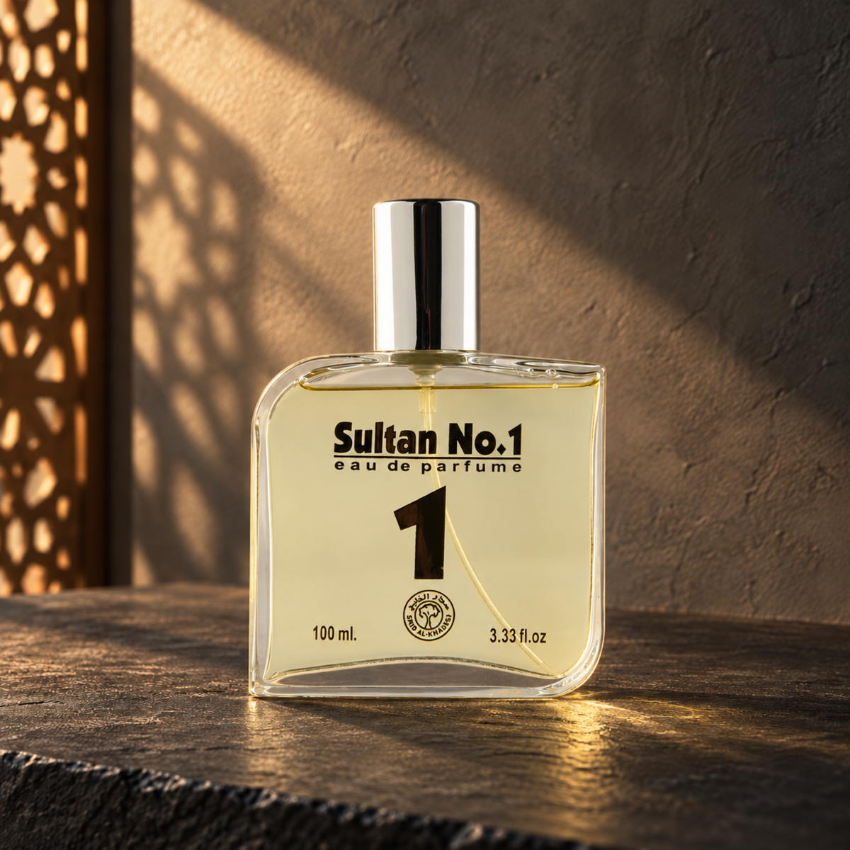 Sultan No.1 100 ml perfume bottle on dark slate in warm sunlight beside a wooden screen shadow.