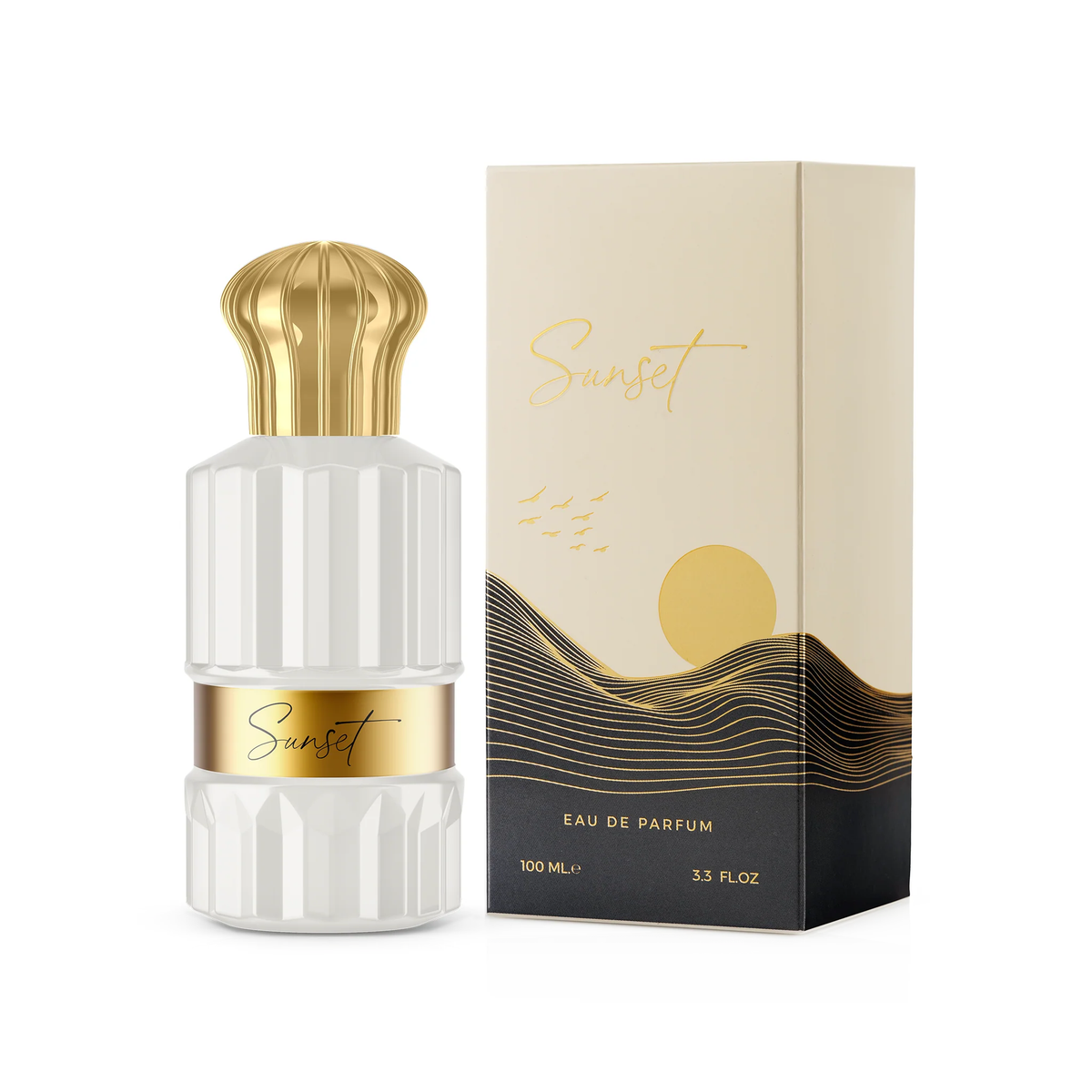 White Sunset 100 ml perfume bottle beside its box
