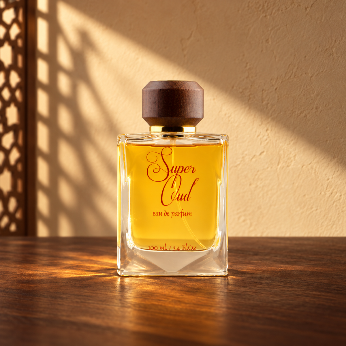 Super Oud 100 ml perfume bottle with a wooden cap on dark walnut in warm sunlight.