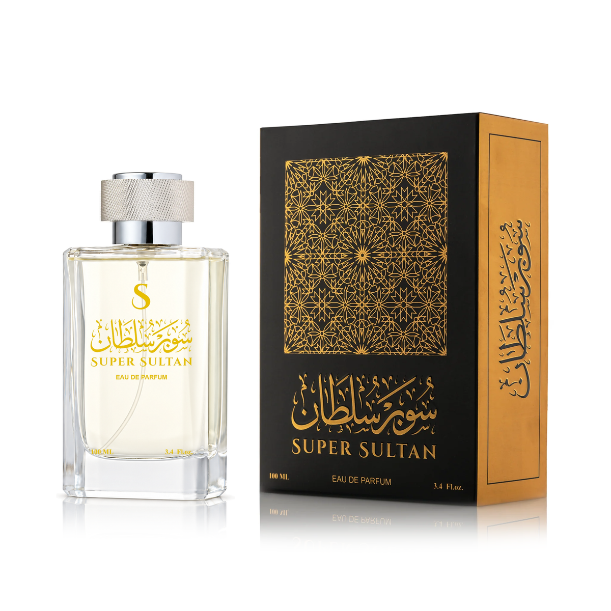 عطر سوبر سلطان 100 مل بزجاجة شفافة وغطاء فضي بجانب علبته السوداء بنقش ذهبي على خلفية بيضاء