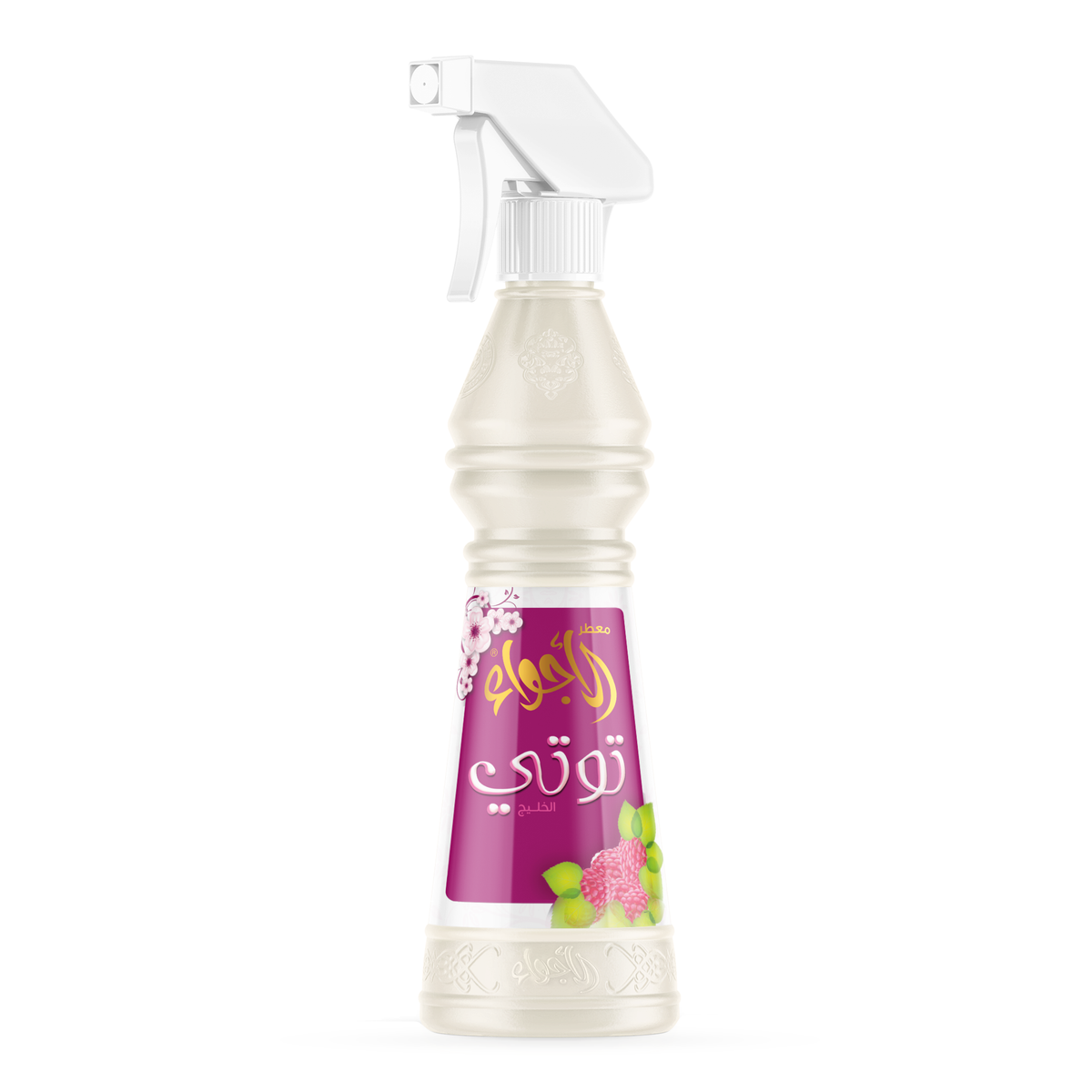 عبوة معطر الأجواء توتي 500 مل ببخاخ أبيض وملصق أرجواني عليه توت وحدها على خلفية بيضاء
