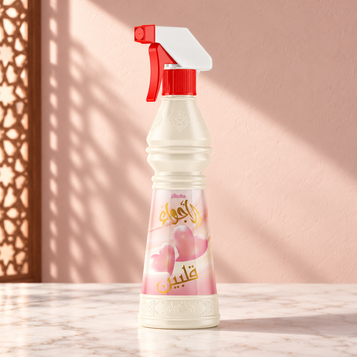 Two Hearts Air Freshener 500 ml from Sedr Al-Khaleej; spray bottle with a pink label and red trigger on white marble in sunlight.