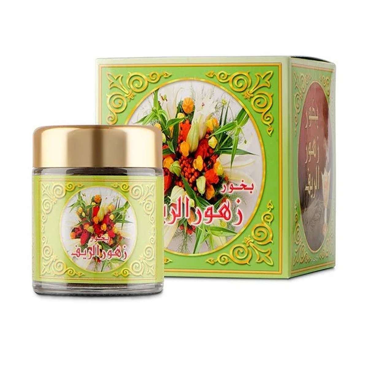 Zuhoor Al-Reef Bakhoor 40 g in a jar with gold lid beside its green box decorated with a flower image