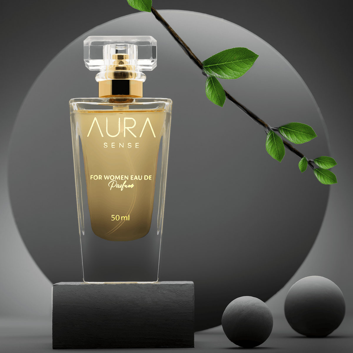 Aura Sense Perfume 50 ml on a black block before a grey circle with a green branch and two grey spheres